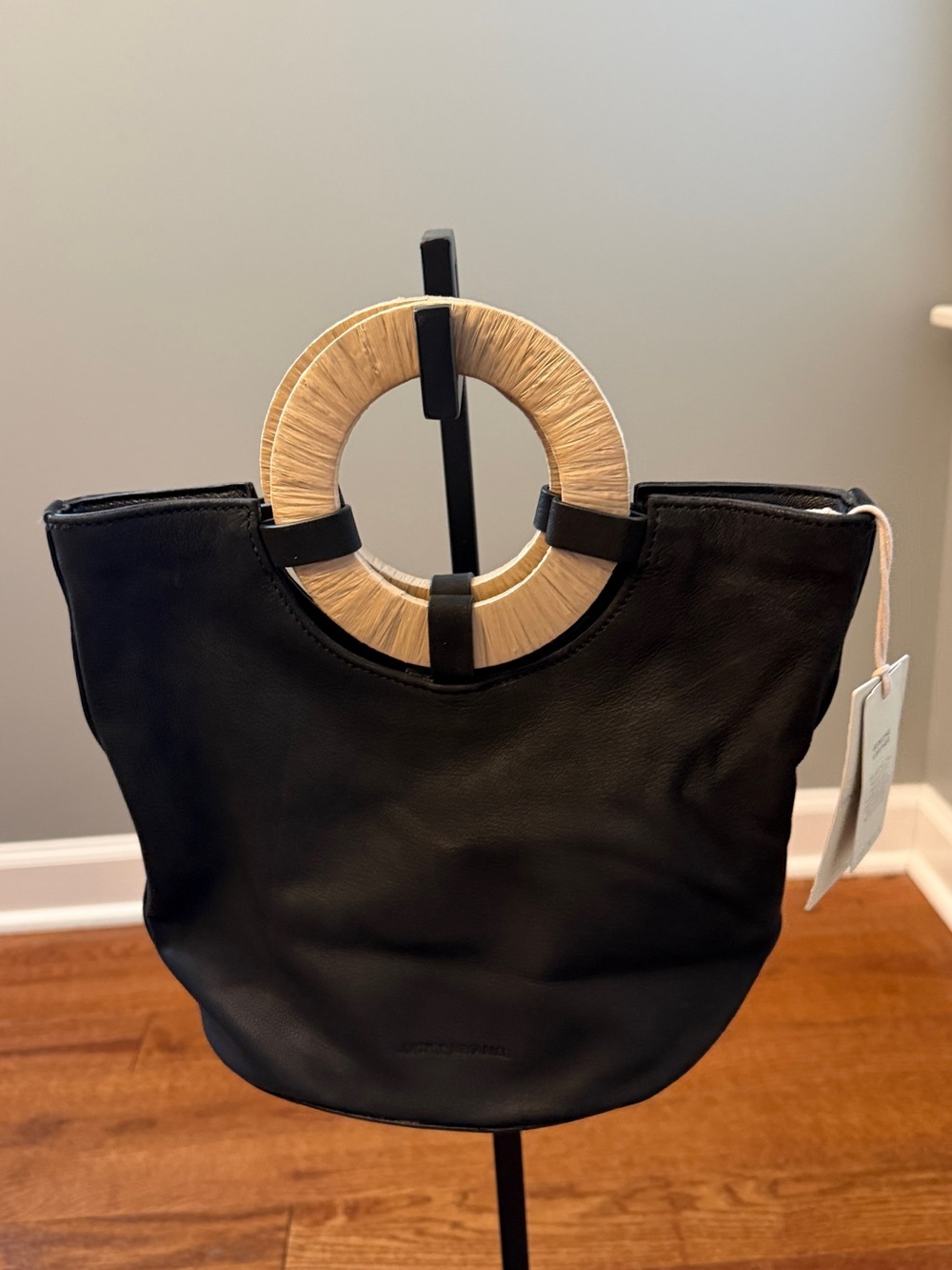 NWT- Lucky Band Ason Bucket Metallic Black Leather Bag with  Ring Handles